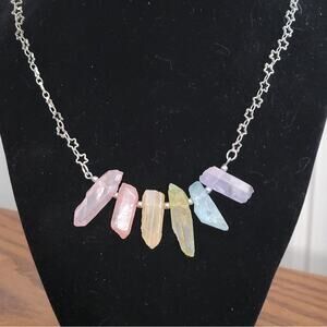 Pastel rainbow iridescent quartz crystal necklace with star shaped chain